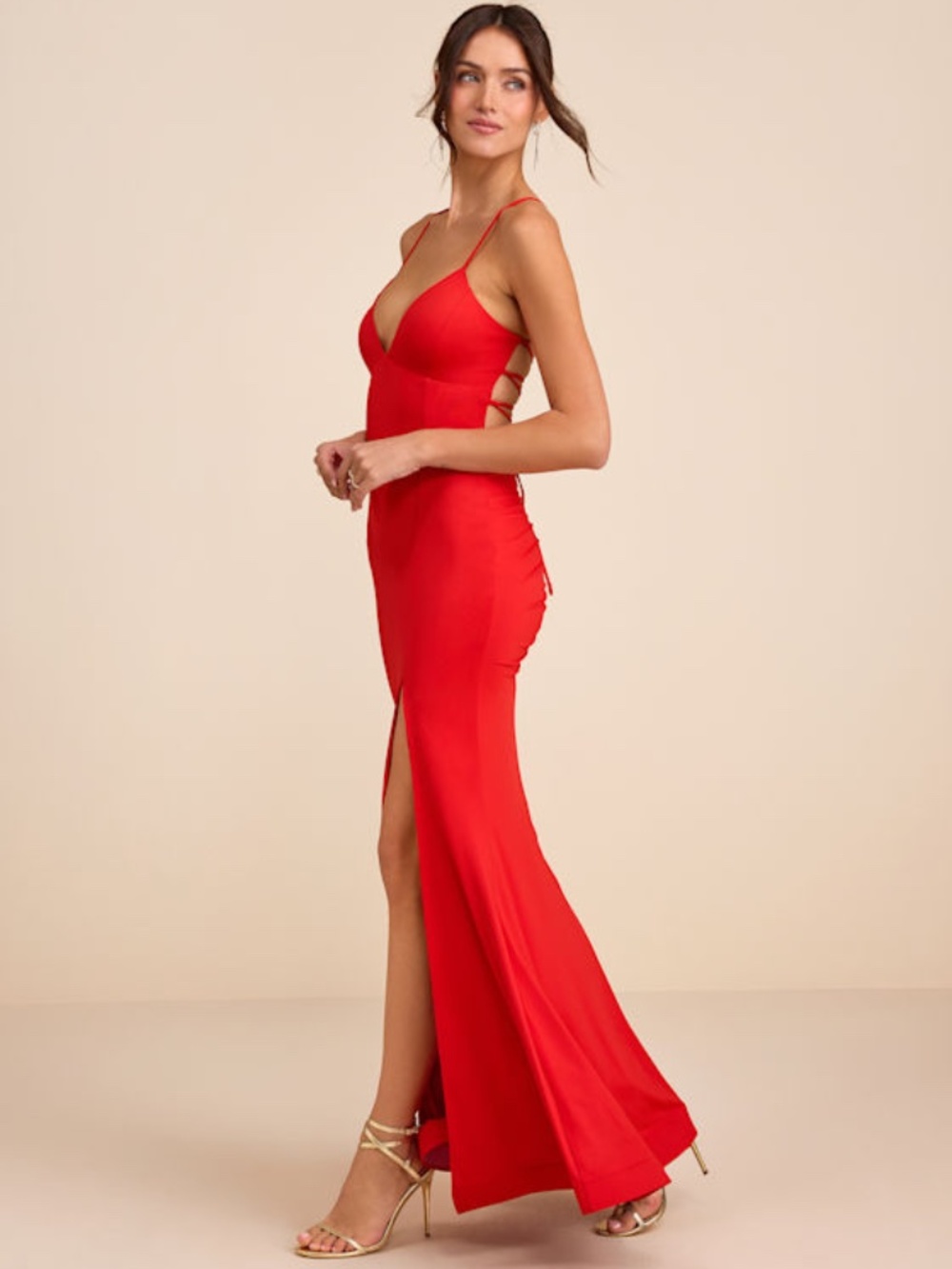 Lulus Ronelle Red Slinky Knit Lace-up Maxi Dress - Size S - Picture 1 of 1